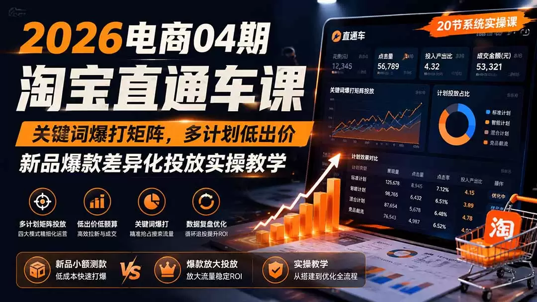 2026电商04期淘宝直通车课｜关键词爆打矩阵，多计划低出价，新品爆款差异化投放实操教学|青心网创站