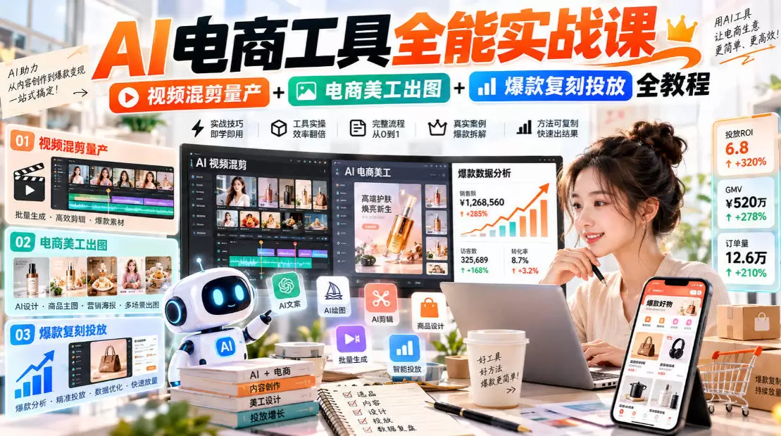 AI电商工具全能实战教学，视频混剪量产+电商美工出图+爆款复刻投放全教程 - 青心资源站