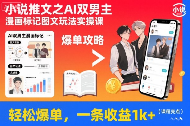 小说推文之AI双男主漫画标记图文玩法实操课，轻松爆单，一条收益1k+-青心网创站