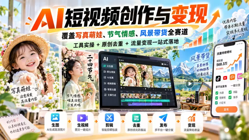 AI短视频创作与变现，覆盖写真萌娃、节气情感、风景带货全赛道，工具实操+原创去重+流量变现一站式落地 - 青心资源站