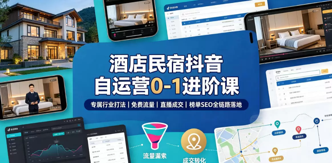 酒店民宿抖音自运营0-1进阶课｜专属行业打法、免费流量+直播成交+榜单SEO全链路落地|青心网创站