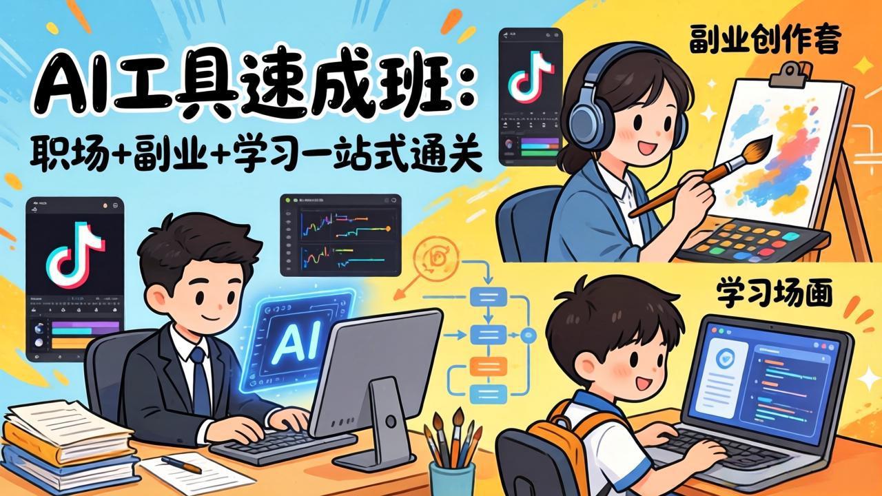 AI工具速成班:职场+副业+学习一站式通关,20+爆款类型+剪映技巧+抖音算法,0基础快速上手青心网创青心网创站