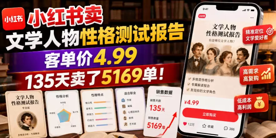 小红书卖文学人物性格测试报告，客单价4.99，135天卖了5169单！|青心网创站