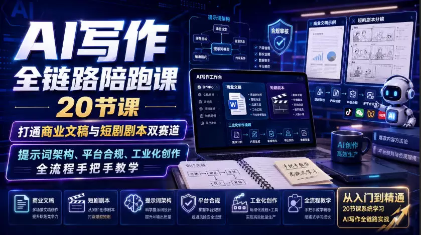AI写作全链路陪跑课｜20节课打通商业文稿与短剧剧本双赛道，提示词架构、平台合规、工业化创作全流程手把手教学|青心网创站