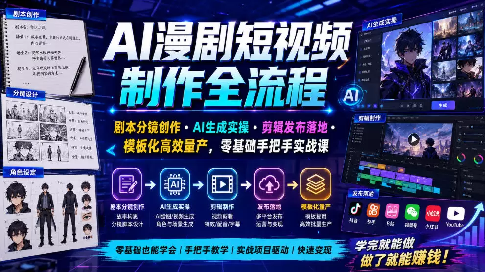 AI漫剧短视频制作全流程｜剧本分镜创作・AI生成实操・剪辑发布落地・模板化高效量产，零基础手把手实战课|青心网创站