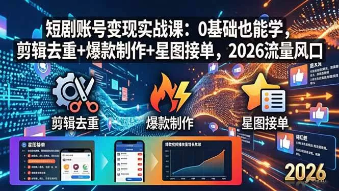 （18160期）短剧账号变现实战课：0基础也能学，剪辑去重+爆款制作+星图接单，2026流量风口|青心网创站