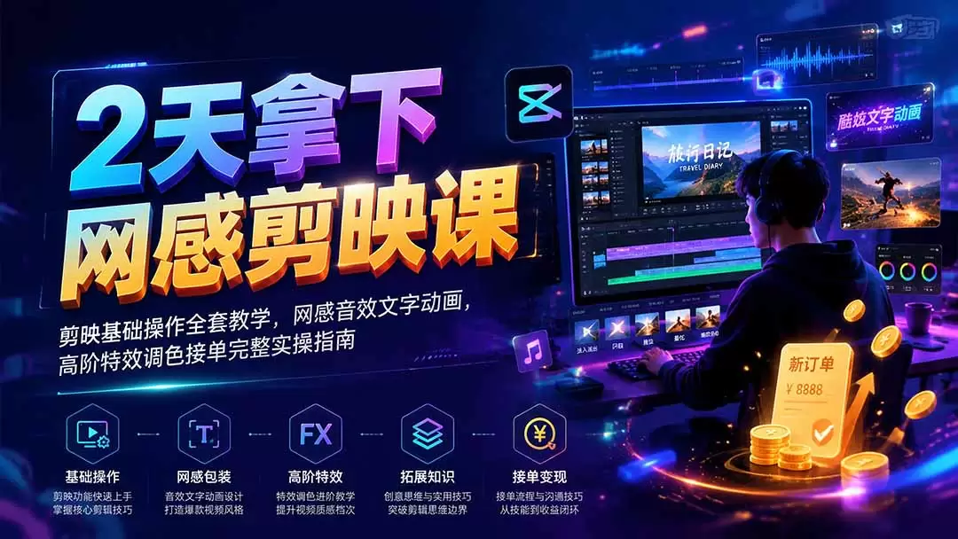 2天拿下网感剪辑课｜剪映基础操作全套教学，网感音效文字动画，高阶特效调色接单完整实操指南|青心网创站