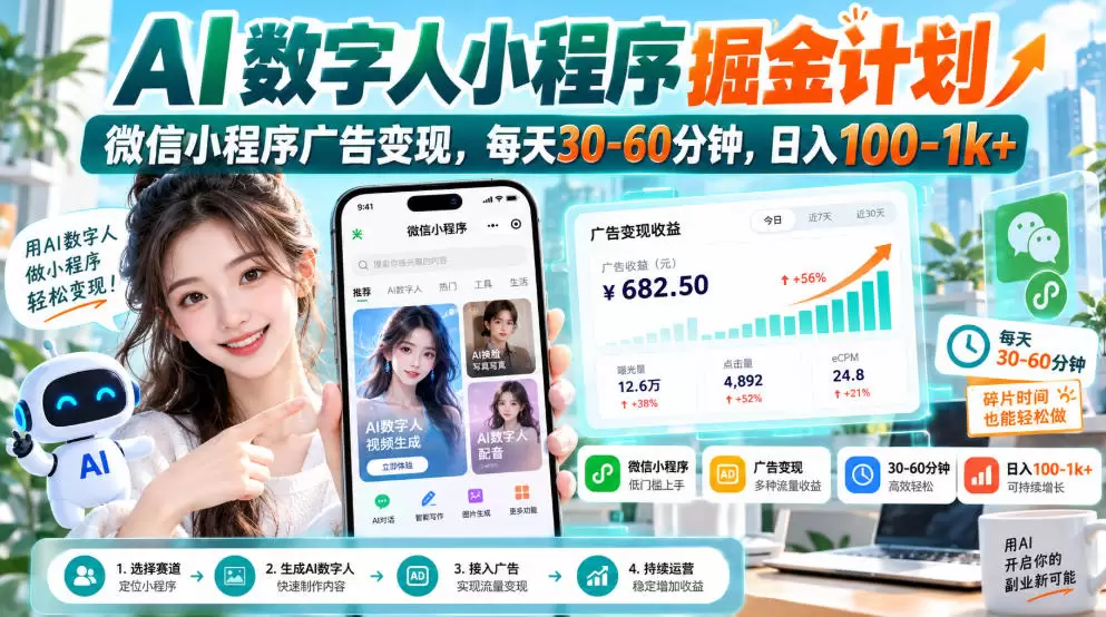 【无水印】AI数字人小程序掘金计划，微信小程序广告变现，每天30‑60分钟，日入100‑1k+ - 青心资源站