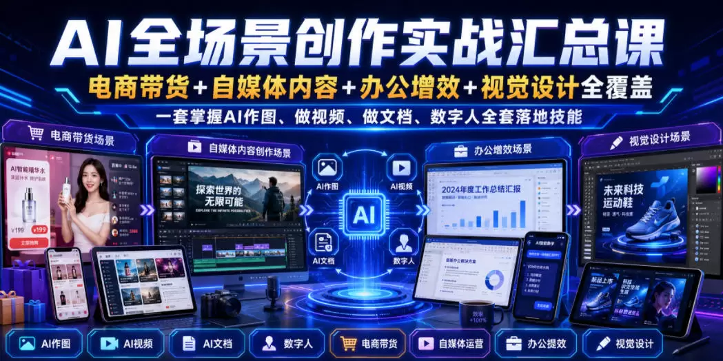 AI全场景创作实战汇总课｜电商带货+自媒体内容+办公增效+视觉设计全覆盖，一套掌握AI作图、做视频、做文档、数字人全套落地技能|青心网创站