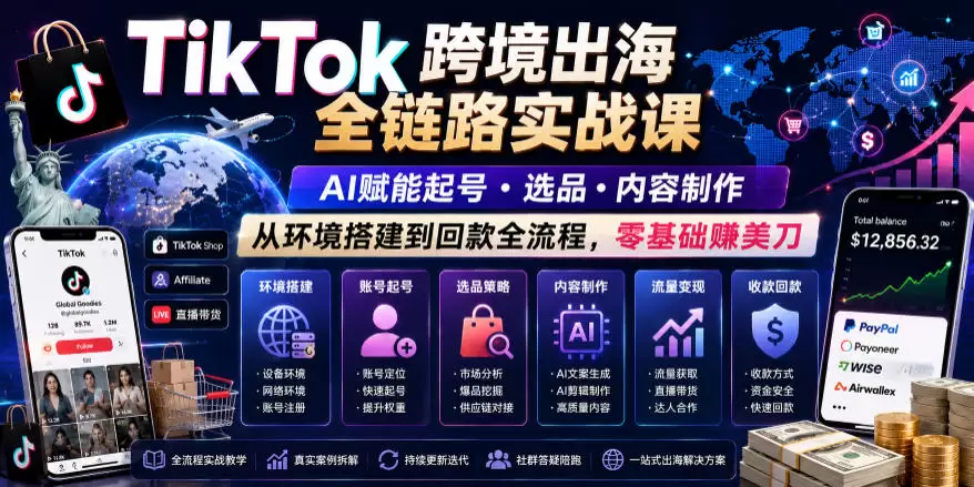 TikTok跨境出海全链路实战课，AI赋能起号・选品・内容制作，从环境搭建到回款全流程，零基础賺美刀|青心网创站