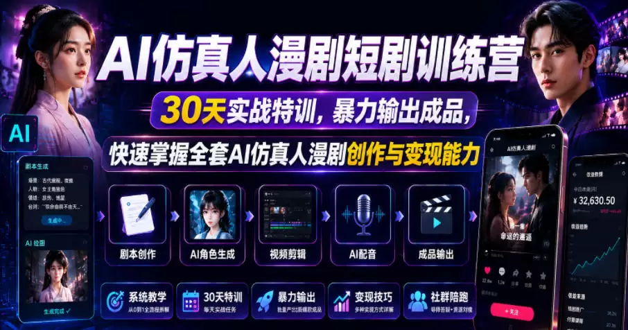 AI仿真人漫剧短剧训练营，30天实战特训，暴力输出成品，快速掌握全套AI仿真人漫剧创作与变现能力|青心网创站
