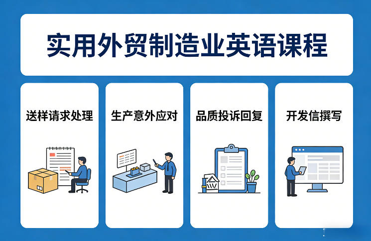 实用外贸制造业英语课程，教你专业处理送样请求、应对生产意外、回复品质投诉、撰写开发信等青心网创青心网创站