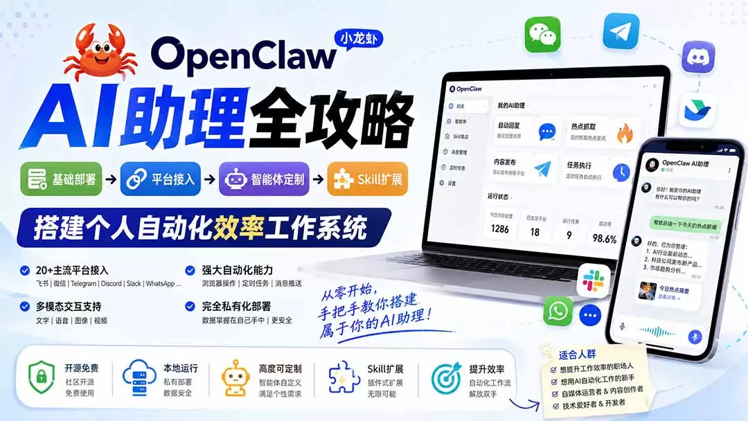 OpenClaw小龙虾 AI助理全攻略：基础部署→平台接入→智能体定制→Skill扩展，搭建个人自动化效率工作系统|青心网创站