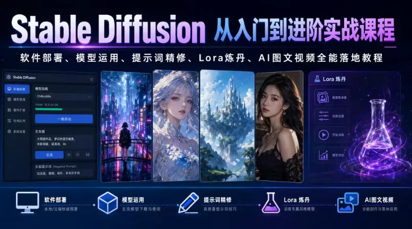 Stable Diffusion从入门到进阶实战课程｜软件部署、模型运用、提示词精修、Lora炼丹、AI图文视频全能落地教程|青心网创站