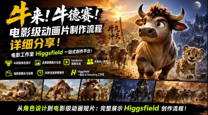 牛来！牛德赛！电影级动画片制作流程详细分享！电影工作室Higgsfield一站式创作平台，完整创作流程|青心网创站