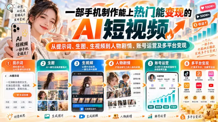 【无水印】一部手机制作能上热门能变现的AI短视频，从提示词、生图、生视频到人物剧情、账号运营及多平台变现 - 青心资源站