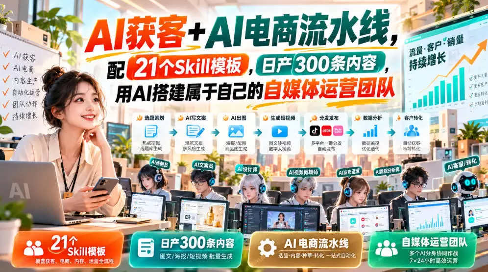 AI获客+AI电商流水线，配21个Skill模板，日产300条内容，用AI搭建属于自己的自媒体运营团队 - 青心资源站