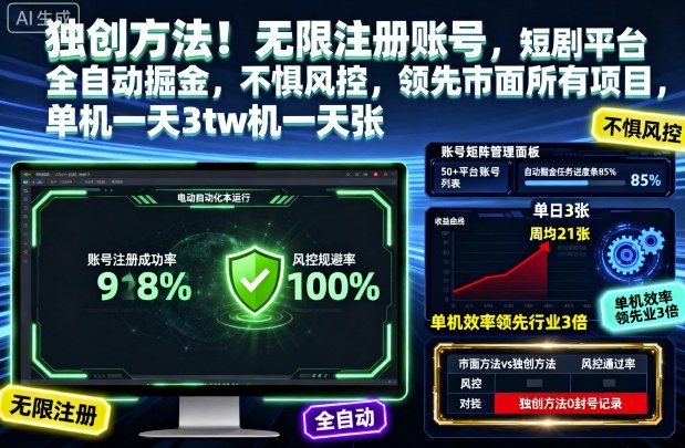 独创方法！无限注册账号，短剧平台全自动掘金，不惧风控，领先市面所有项目，单机一天3张【揭秘】-青心网创站