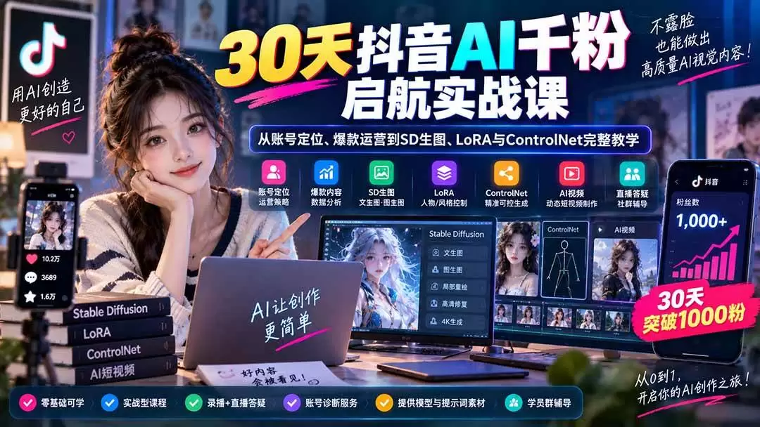 （20291期）30天抖音AI千粉启航实战课：从账号定位、爆款运营到SD生图、LoRA与ControlNet完整教学 - 青心资源站