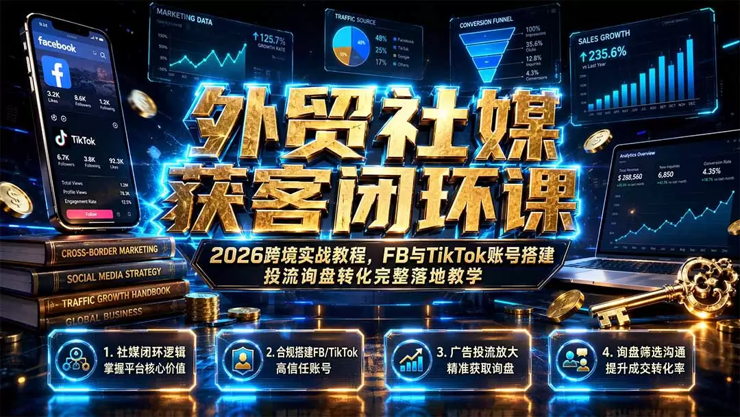 外贸社媒获客闭环课｜2026跨境实战教程，FB与TikTok账号搭建投流询盘转化完整落地教学|青心网创站