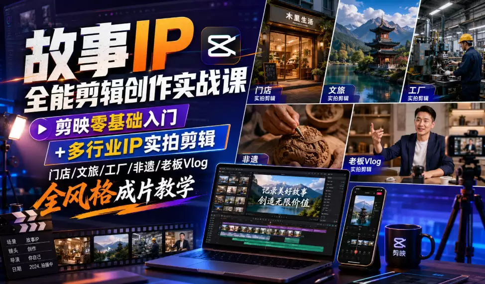 故事IP全能剪辑创作实战课｜剪映零基础入门+多行业IP实拍剪辑，门店/文旅/工厂/非遗/老板Vlog全风格成片教学|青心网创站