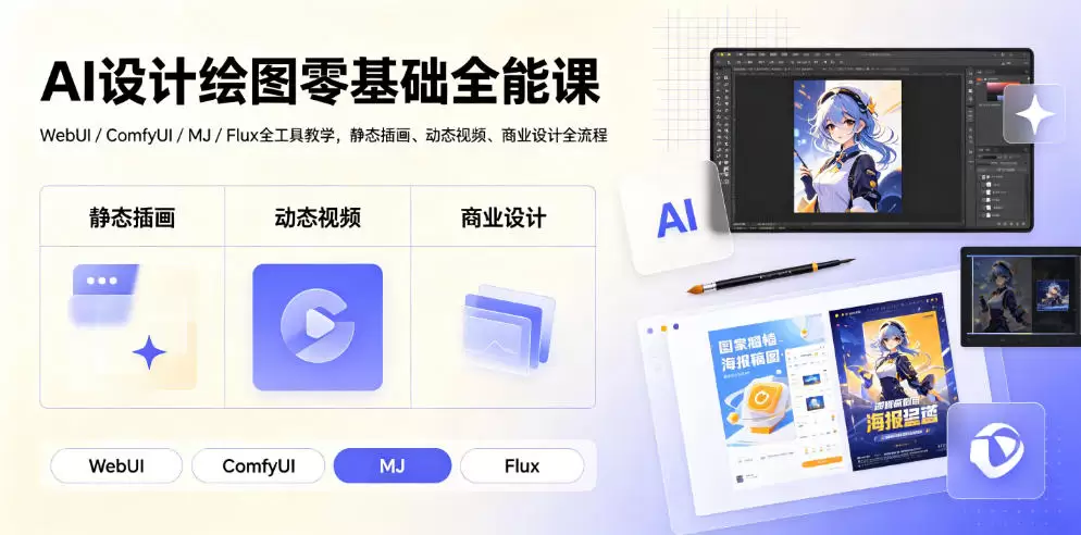 AI设计绘图零基础全能课｜WebUI/ComfyUI/MJ/Flux全工具教学，静态插画、动态视频、商业设计全流程|青心网创站