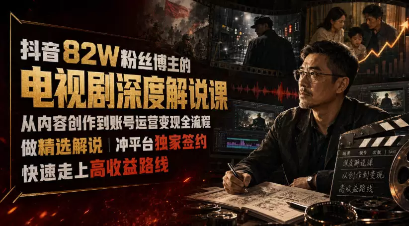 抖音82W粉丝博主的电视剧深度解说课，从内容创作到账号运营变现全流程，做精选解说，冲平台独家签约，快速走上高收益路线|青心网创站