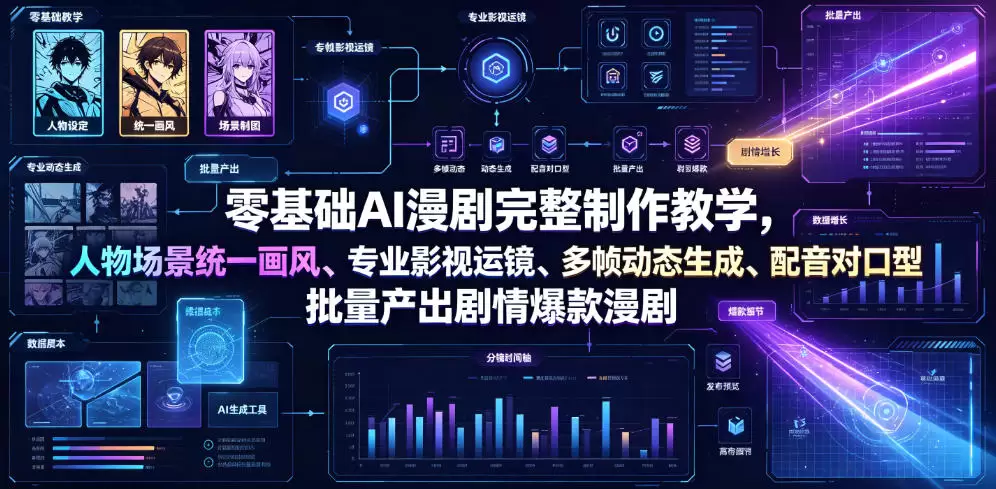 零基础AI漫剧完整制作教学，人物场景统一画风、专业影视运镜、多帧动态生成、配音对口型，批量产出剧情爆款漫剧|青心网创站