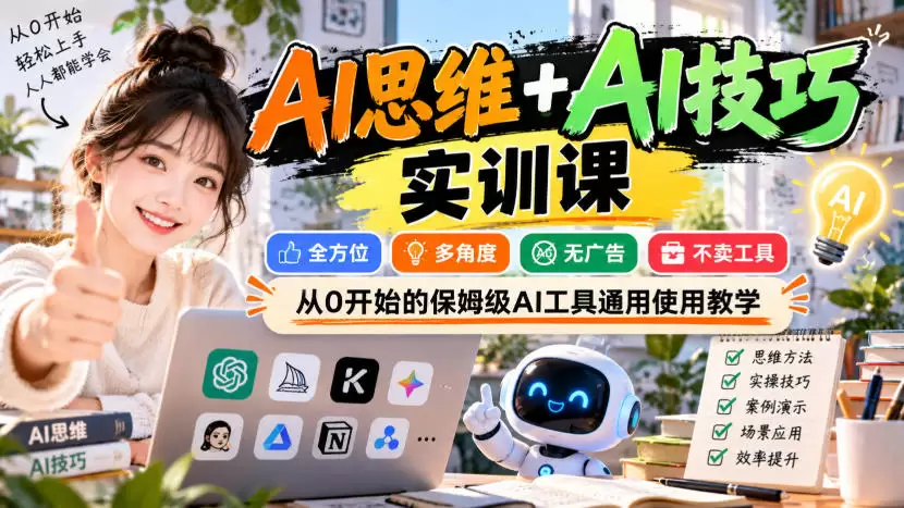 AI思维+AI技巧实训课，全方位、多角度、无广告、不卖工具，从0开始的保姆级AI工具通用使用教学 - 青心资源站