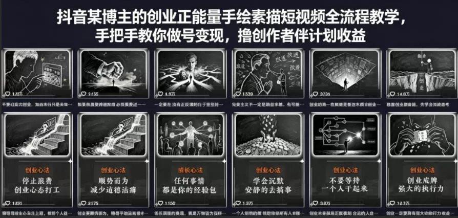 抖音某博主的创业正能量手绘素描短视频全流程教学，手把手教你做号变现，撸创作者伙伴计划收益