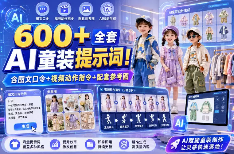 600+全套AI童装提示词！含图文口令+视频动作指令+配套参考图，Word-Excel规整分类，童装电商、种草无脑量产内容！|青心网创站