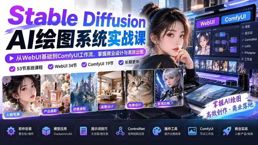 （20678期）Stable Diffusion AI绘图系统实战课：从WebUI基础到ComfyUI工作流，掌握商业设计与高效出图 - 青心资源站
