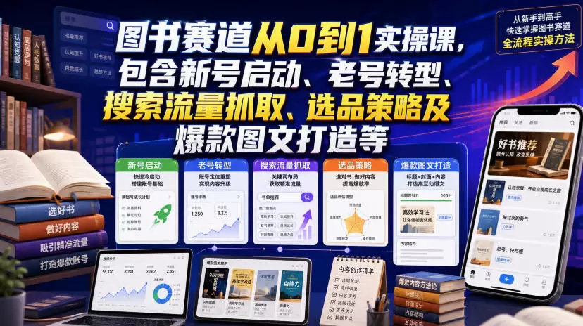 图书赛道从0到1实操课，包含新号启动、老号转型、搜索流量抓取、选品策略及爆款图文打造等|青心网创站