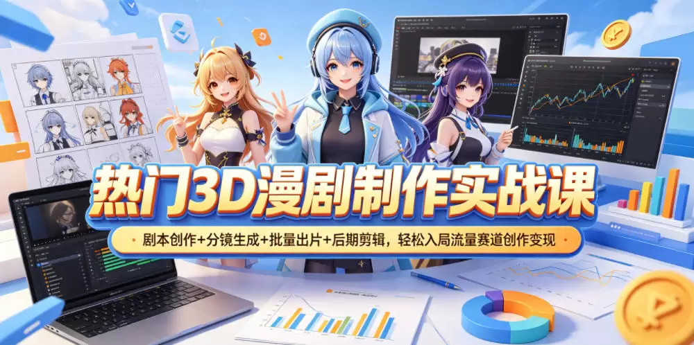 热门3D漫剧制作实战课，剧本创作+分镜生成+批量出片+后期剪辑，轻松入局流量赛道创作变现|青心网创站
