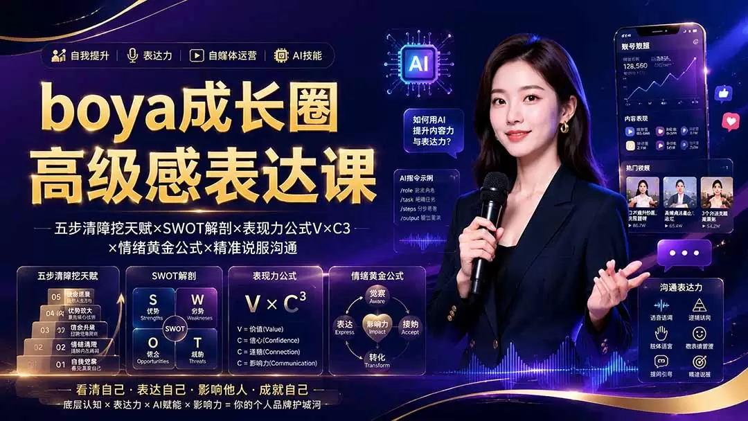 boya成长圈｜内心成长高级表达AI自媒体三合一，消解内耗挖掘天赋，镜头沟通AI指令短视频全流程教学|青心网创站