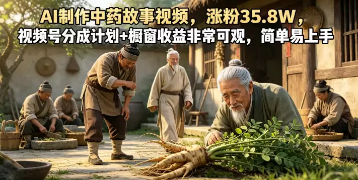 AI制作中药故事视频，涨粉35.8W，视频号分成计划+橱窗收益非常可观，简单易上手|青心网创站