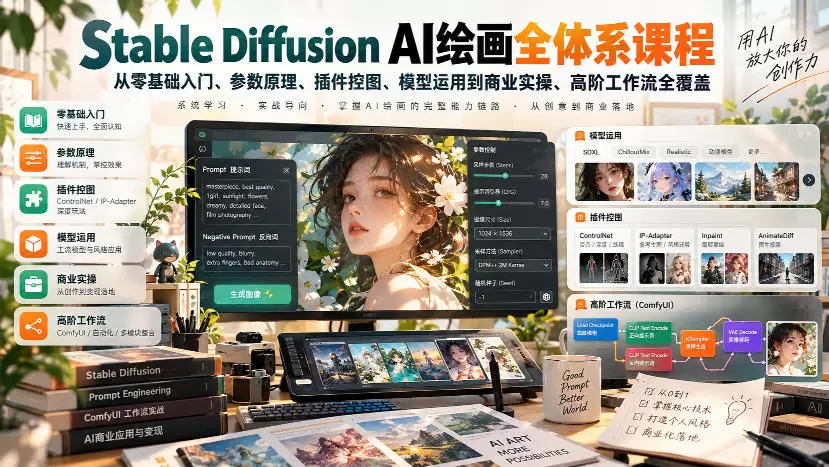 【无水印】Stable Diffusion AI绘画全体系课程，从零基础入门、参数原理、插件控图、模型运用到商业实操、高阶工作流全覆盖 - 青心资源站