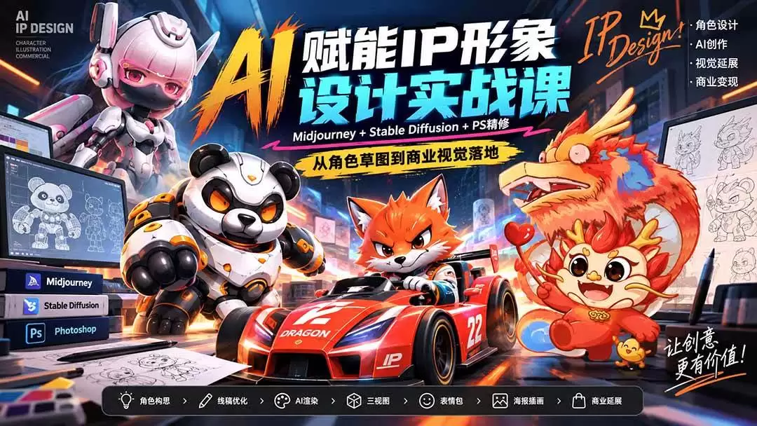 （20552期）AI赋能IP形象设计实战课-无水印：Midjourney+Stable Diffusion+PS精修，从角色草图到商业视觉落地|青心资源站