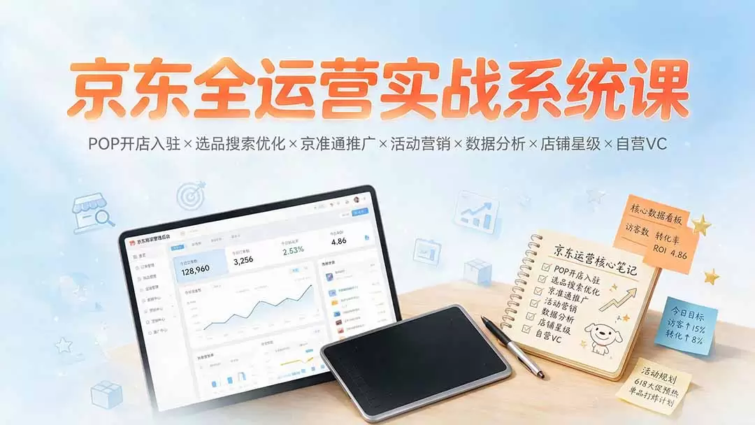 京东全运营实战系统课：POP开店入驻×选品搜索优化×京准通推广×活动营销×数据分析×店铺星级×自营VC|青心网创站