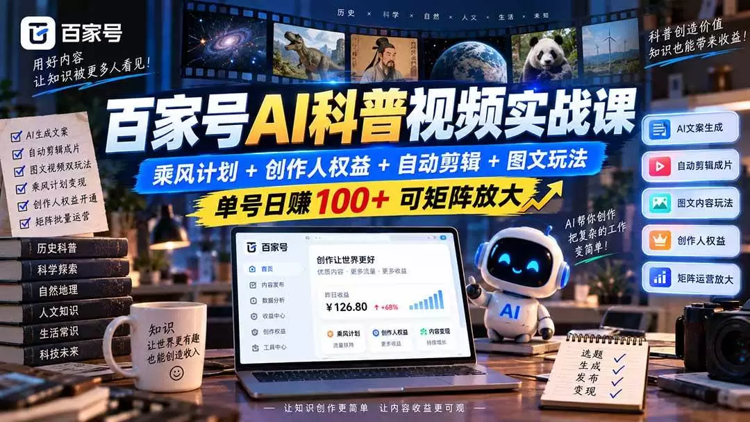 （20579期）百家号AI科普视频实战课：乘风计划+创作人权益+自动剪辑+图文玩法，单号日赚100+可矩阵放大 - 青心资源站