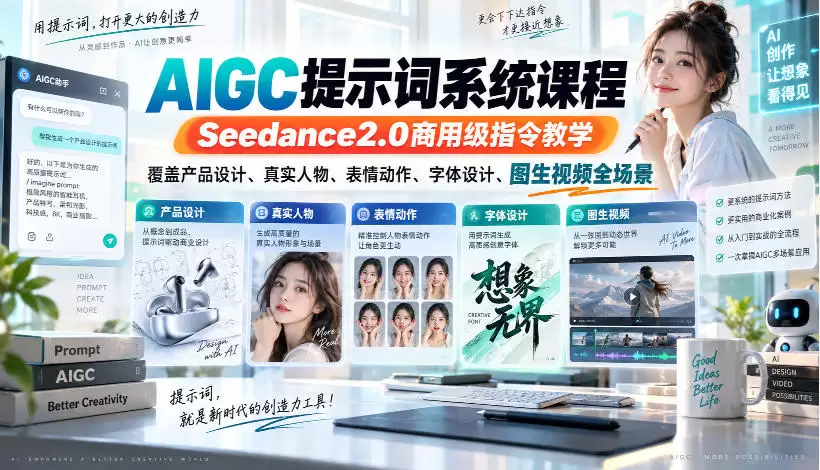AIGC提示词系统课程，Seedance2.0商用级指令教学，覆盖产品设计、真实人物、表情动作、字体设计、图生视频全场景 - 青心资源站
