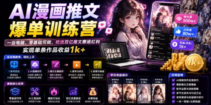 AI漫画推文爆单训练营，一台电脑，零基础可做，吃透百亿推文赛道红利，实现单条作品收益1k+|青心网创站