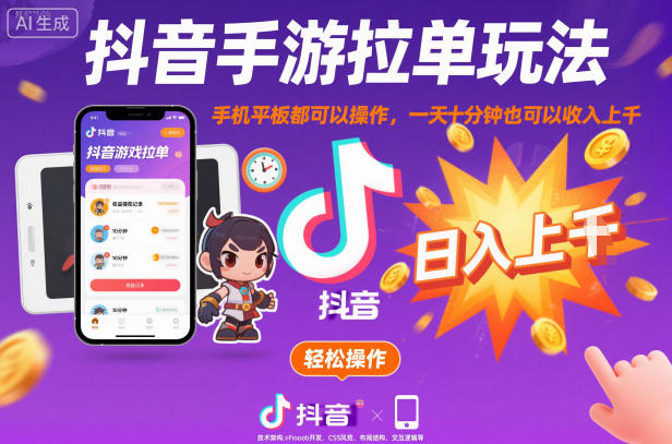 抖音手游拉单玩法，手机平板都可以操作，一天十分钟也可以收入上K【揭秘】-青心网创站