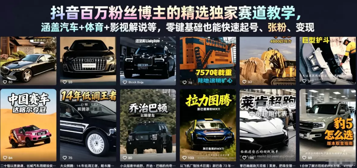 抖音百万粉丝博主的精选独家赛道教学，涵盖汽车+体育+影视解说等，零基础也能快速起号、涨粉、变现（更新0701）|青心网创站
