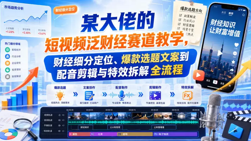 某大佬的短视频泛财经赛道教学，财经细分定位、爆款选题文案到配音剪辑与特效拆解全流程 - 青心资源站