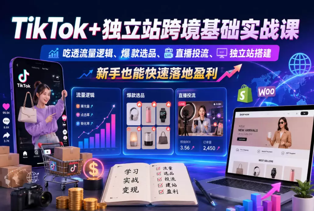 TikTok+独立站跨境基础实战课，吃透流量逻辑、爆款选品、直播投流与独立站搭建，新手也能快速落地盈利|青心网创站