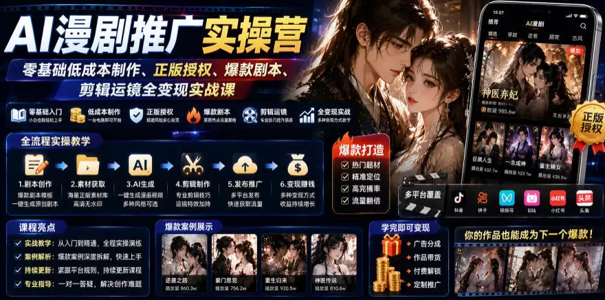 AI漫剧推广实操营｜零基础低成本制作、正版授权、爆款剧本、剪辑运镜全变现实战课|青心网创站