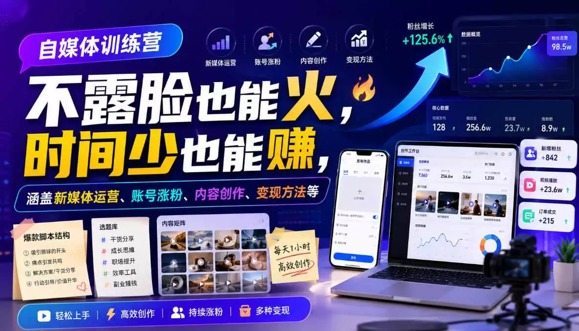 自媒体训练营，不露脸也能火，时间少也能賺，涵盖新媒体运营、账号涨粉、内容创作、变现方法等|青心网创站