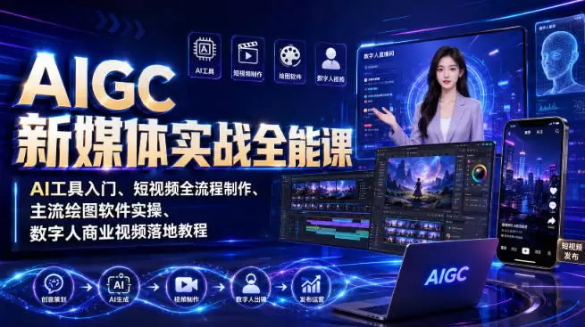 AIGC新媒体实战全能课｜AI工具入门、短视频全流程制作、主流绘图软件实操、数字人商业视频落地教程|青心网创站