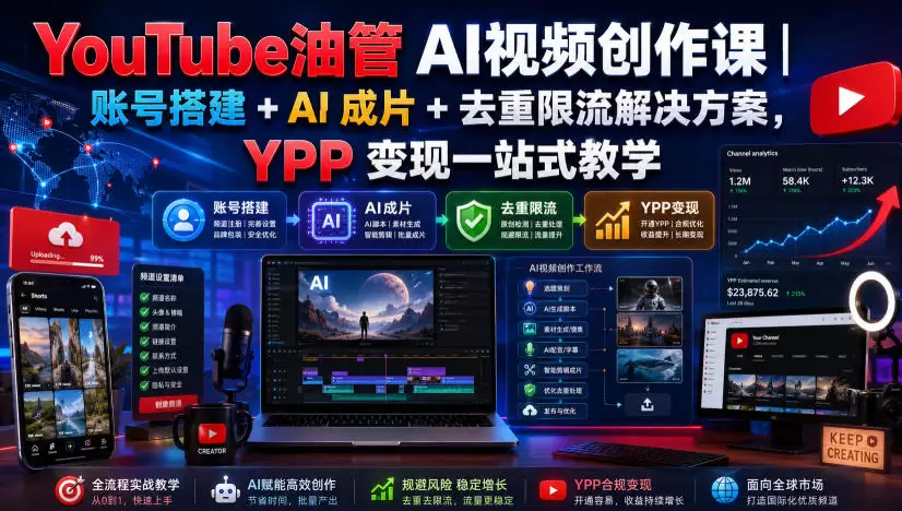 YouTube油管AI视频创作课｜账号搭建+AI成片+去重限流解决方案，YPP变现一站式教学(更新0809)|青心网创站